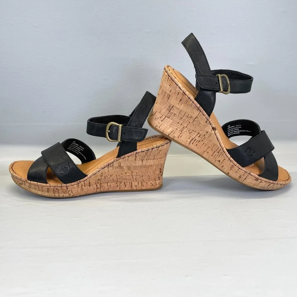 Born Alaina Platform Wedge Sandals Womens Size 10 Black Leather Ankle Strap Shoe